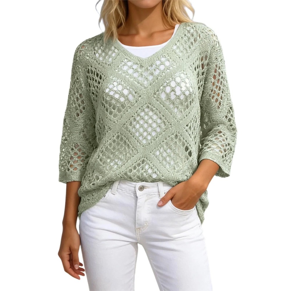 Womens Sage Green Crochet Knit V-Neck Sweater Diamond Open Weave 3/4 Sleeve